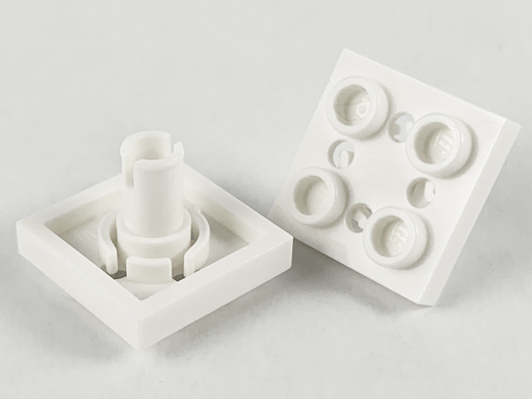 Plate Special 2 x 2 with Pin on Bottom, Small Holes in Plate and Rotational Locking Fingers on Underside in White