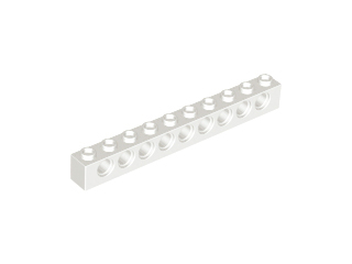 Technic Brick 1 x 10 [9 Pin Holes] in White
