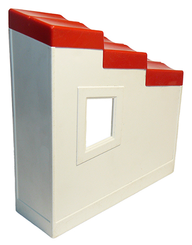 Duplo Building Wall 2 x 6 x 6 with Window and Red Roofpiece Slope 33° 2 x 6 Shingled Stepped in White
