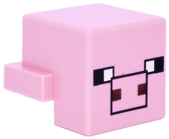 Minifig Head Special, Cube with Rear Ledge, Pixelated Black, White and Dark Red Face, Black Snout Outline Print (Pig) in Bright Pink