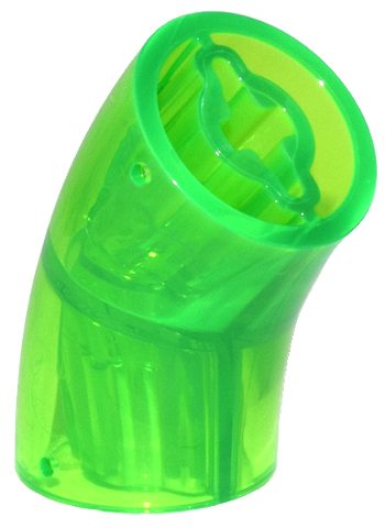 Brick Round 2 x 2 D. Tube with 45° Elbow and Axle Holes (Crossholes) at Each End [LONG] in Trans-Bright Green
