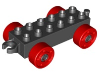 Duplo Car Base 2 x 6 with Fake Bolts, Open Hitch End and Red Wheels in Black