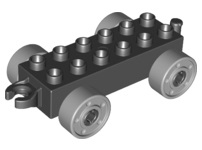 Duplo Car Base 2 x 6 with Fake Bolts, Open Hitch End and Light Bluish Gray Wheels in Black