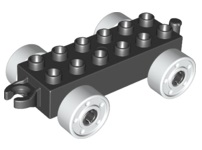 Duplo Car Base 2 x 6 with Fake Bolts, Open Hitch End and White Wheels in Black