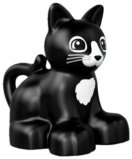 Duplo Animal Cat / Kitten Sitting with Black Eyes and Whiskers and White Chest and Nose Print in Black