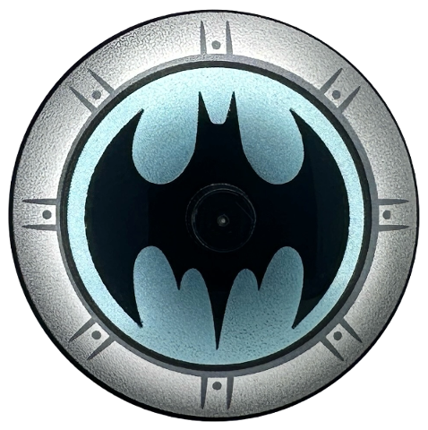 Dish 4 x 4 Inverted [Radar] with Silver Hub Cap, Batman Symbol on Medium Azure Background print in Black