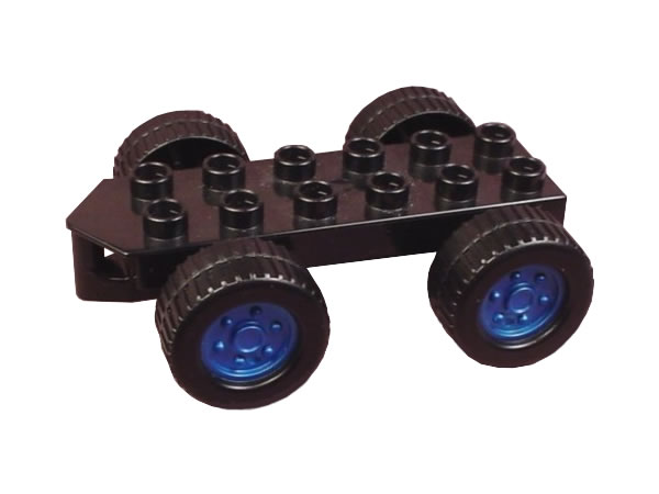 Duplo Car Base 2 x 6 with Four Black Wheels & Metal Blue Hubs in Black