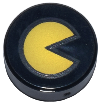 Tile Round 1 x 1 with Yellow PAC MAN print in Black