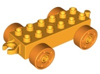 Duplo Car Base 2 x 6 with Fake Bolts, Open Hitch End and Orange Wheels in Bright Light Orange