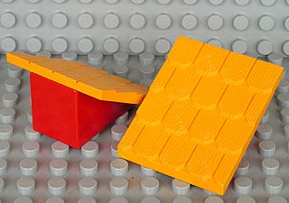 Duplo Roofpie﻿ce Slope 30 4 x 4 Shingle﻿d with a Red Base﻿﻿ in Bright Light Orange