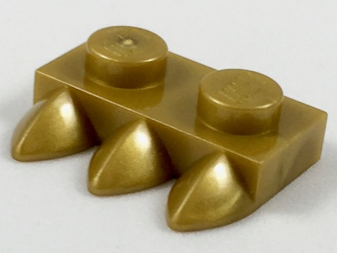 Plate Special 1 x 2 with Three Teeth [Tri-Tooth] in Pearl Gold