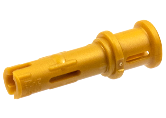 Technic Pin Long with Friction Ridges Lengthwise and Stop Bush [3 Lateral Holes, Big Pin Hole] in Pearl Gold