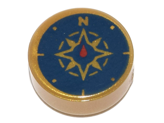 Tile Round 1 x 1 with Compass Print in Pearl Gold