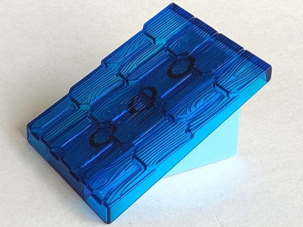 Duplo Roofpie﻿ce Slope 30 4 x 4 Shingle﻿d with a Medium Blue Base﻿﻿ in Trans-Dark Blue