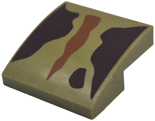 Brick Curved 2 x 2 x 2/3 with Dark Brown/Dark Orange Shapes print in Olive Green