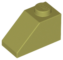 Brick Sloped 45° 2 x 1 with Bottom Pin in Olive Green