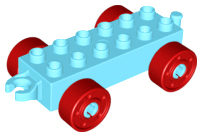 Duplo Car Base 2 x 6 with Fake Bolts, Open Hitch End and Red Wheels in Medium Azure