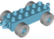 Duplo Car Base 2 x 6 with Fake Bolts, Open Hitch End and Light Bluish Gray Wheels in Medium Azure