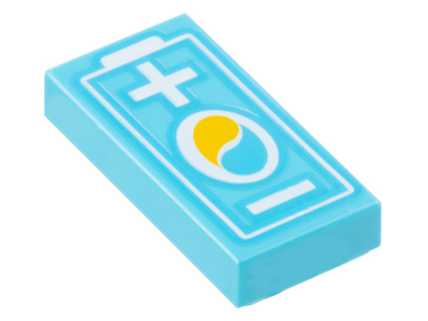 Tile 1 x 2 with White Battery print in Medium Azure