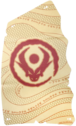 Sail, 17 x 28, Tattered with Dark Red Horned Skull, Dark Orange Snake Scales, Asian Symbols print in Tan