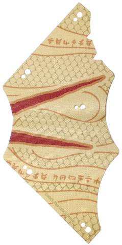 Sail, 13 x 13, Tattered with Dark Red Stripes, Dark Orange Snake Scales, Asian Symbols print in Tan