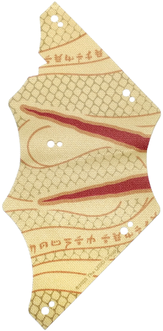 Sail, 13 x 13, Tattered with Dark Red Stripes, Dark Orange Snake Scales, Asian Symbols print in Tan