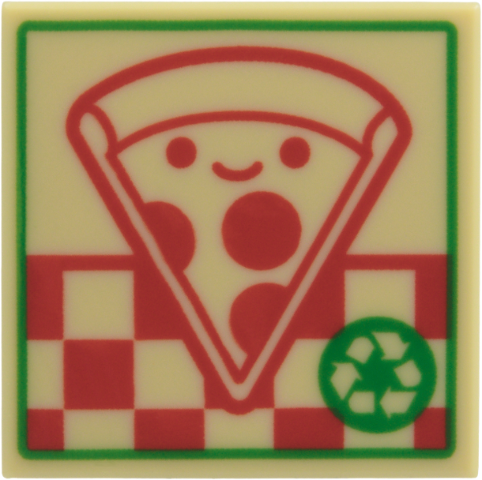 Tile 2 x 2 with Pizza Box, Red Smiling Pizza, Green Border Print in Tan