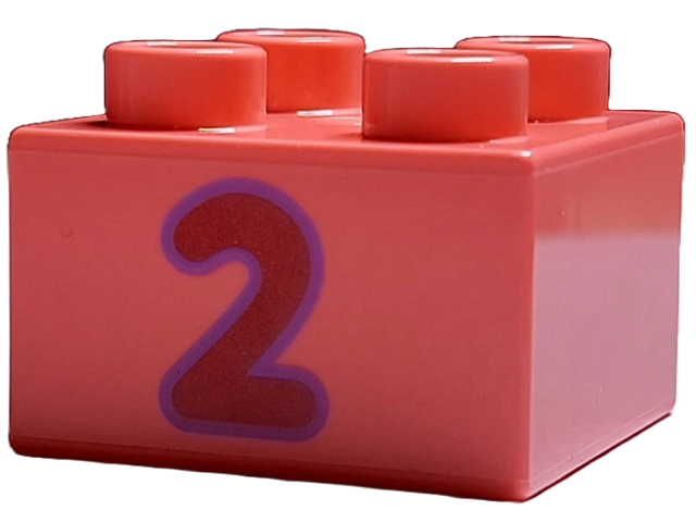 Duplo Brick 2 x 2 with Red '2' Print in Coral