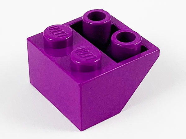 Brick Sloped Inverted 45° 2 x 2 [Ovoid Bottom Pin, Bar-sized Stud Holes] in Purple