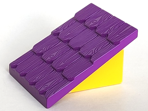 Duplo Roofpiece, Slope 30°, 4 x 4 Shingled, with Yellow Base in Purple