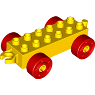 Duplo Car Base 2 x 6 with Fake Bolts, Open Hitch End and Red Wheels in Yellow