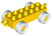 Duplo Car Base 2 x 6 with Fake Bolts, Open Hitch End and White Wheels in Yellow