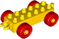 Duplo Car Base 2 x 6 with Open Hitch End and Red Wheels in Yellow