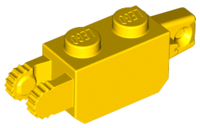 Hinge Brick 1 x 2 Locking with 1 Finger Vertical End and 2 Fingers Vertical End, 9 Teeth in Yellow