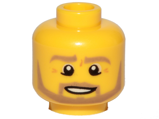 Head Dark Tan Eyebrows, Moustache and Angular Beard, Lower Eyelids, Medium Nougat Wrinkles, Lopsided Open Mouth Smile with Teeth and Top Lip Line Pattern, Yellow