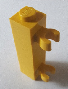 Brick Special 1 x 1 x 3 with 2 Clips Vertical [Solid Stud, Thick U Clips] in Yellow