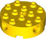 Brick Round 4 x 4 with 4 Side Pin Holes and Center Axle Hole in Yellow