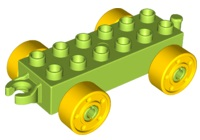 Duplo Car Base 2 x 6 with Fake Bolts, Open Hitch End and Yellow Wheels in Lime