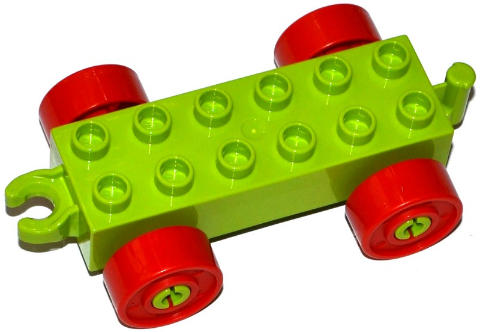 Duplo Car Base 2 x 6 with Fake Bolts, Open Hitch End and Red Wheels in Lime