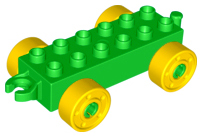 Duplo Car Base 2 x 6 with Fake Bolts, Open Hitch End and Yellow Wheels in Bright Green