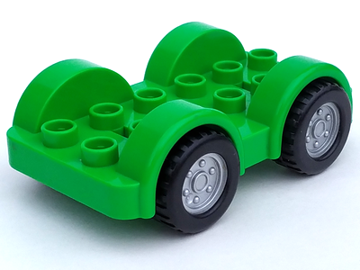 Duplo Car Base 2 x 6 with Four Black Tires and Metallic Silver Wheels on Removable Axles in Bright Green