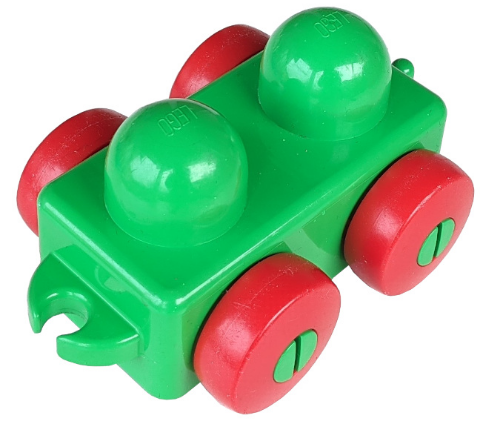 Primo Wheel Base 1 x 2 with Hitches and Red Wheels in Bright Green