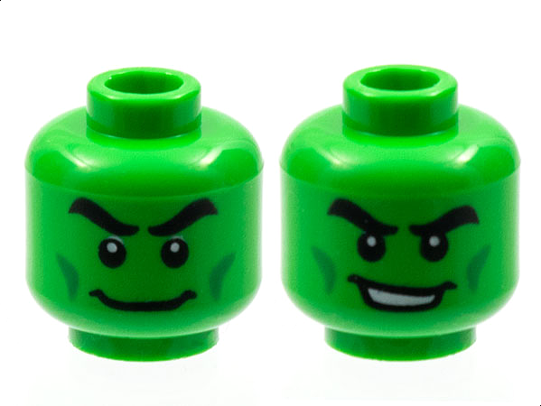 Head Dual Sided Black Thick Eyebrows, Green Cheek Lines, Wide Grin / Open Mouth Smile with Teeth Pattern, Bright Green
