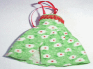 Scala, Dress with White Flowers and Red Trim and Neck Ribbon in Medium Green