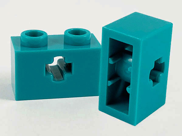 Technic Brick 1 x 2 with Axle Hole Type 1 [+ Opening] and Bottom Pin in Dark Turquoise