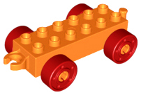 Duplo Car Base 2 x 6 with Fake Bolts, Open Hitch End and Red Wheels in Orange