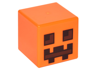 Minifig Head Special, Cube with Pumpkin Jack O' Lantern Print in Orange