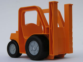 Duplo Forklift Truck with Two Large Front Black Wheels and Two Small Rear Black Wheels in Orange