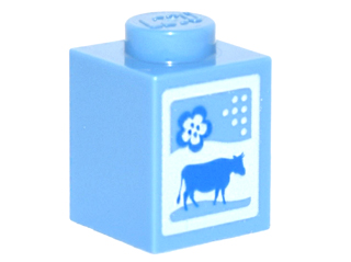 Brick 1 x 1 with Milk Carton, Cow, Print in Medium Blue
