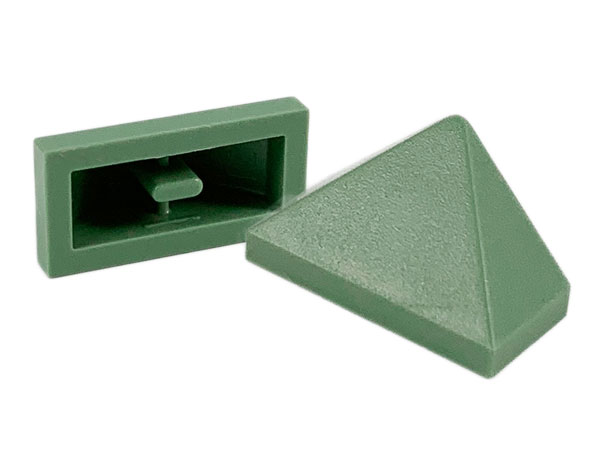 Brick Sloped 45° 2 x 1 Triple with Ovoid Bottom Pin in Sand Green